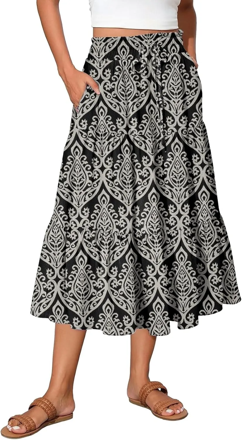 Casual Skirts for Women Summer High Waisted Wrap Midi Skirt Swing A-Line Floral Print Knee Length Skirt with Pockets