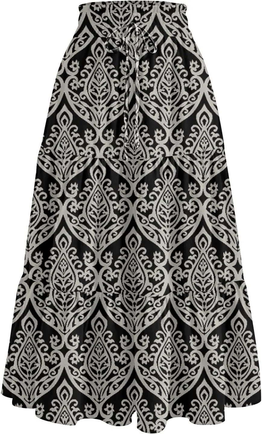 Casual Skirts for Women Summer High Waisted Wrap Midi Skirt Swing A-Line Floral Print Knee Length Skirt with Pockets