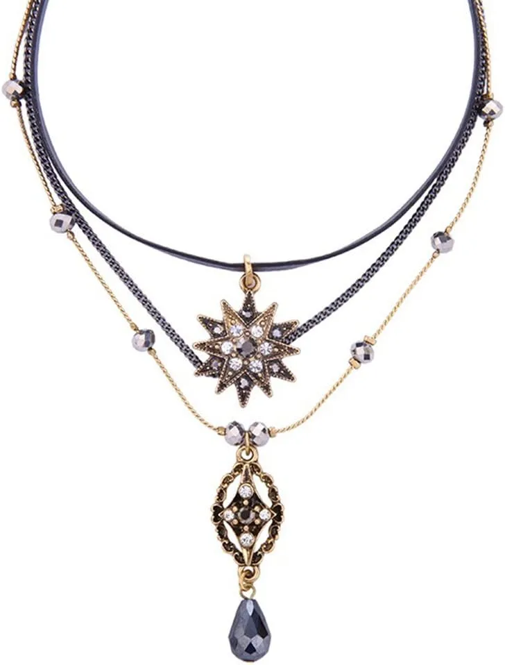 Choker Necklaces for Women, Star Layered Pendant Necklace Multilayer Necklace Vintage Choker with Teardrop Chain & Black Leather Choker Gothic Layered Necklace for Women Jewelry