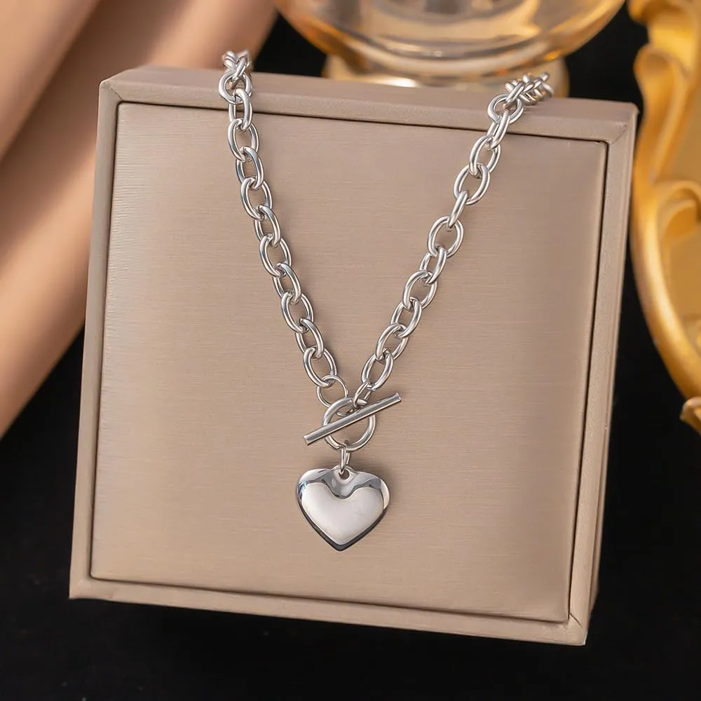 Chunky Heart Necklace for Women Non Tarnish Gold Love Choker Pendant Necklace Trendy Heart Double Layered Waterproof Necklaces for Women Charm Jewelry