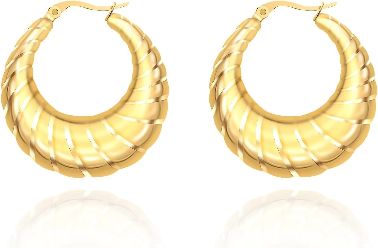 Chunky Hoop Earrings for Women,18K Gold Large Thick Plain Croissant Hammered Hoop Earrings Trendy Huggie Hoops Earrings