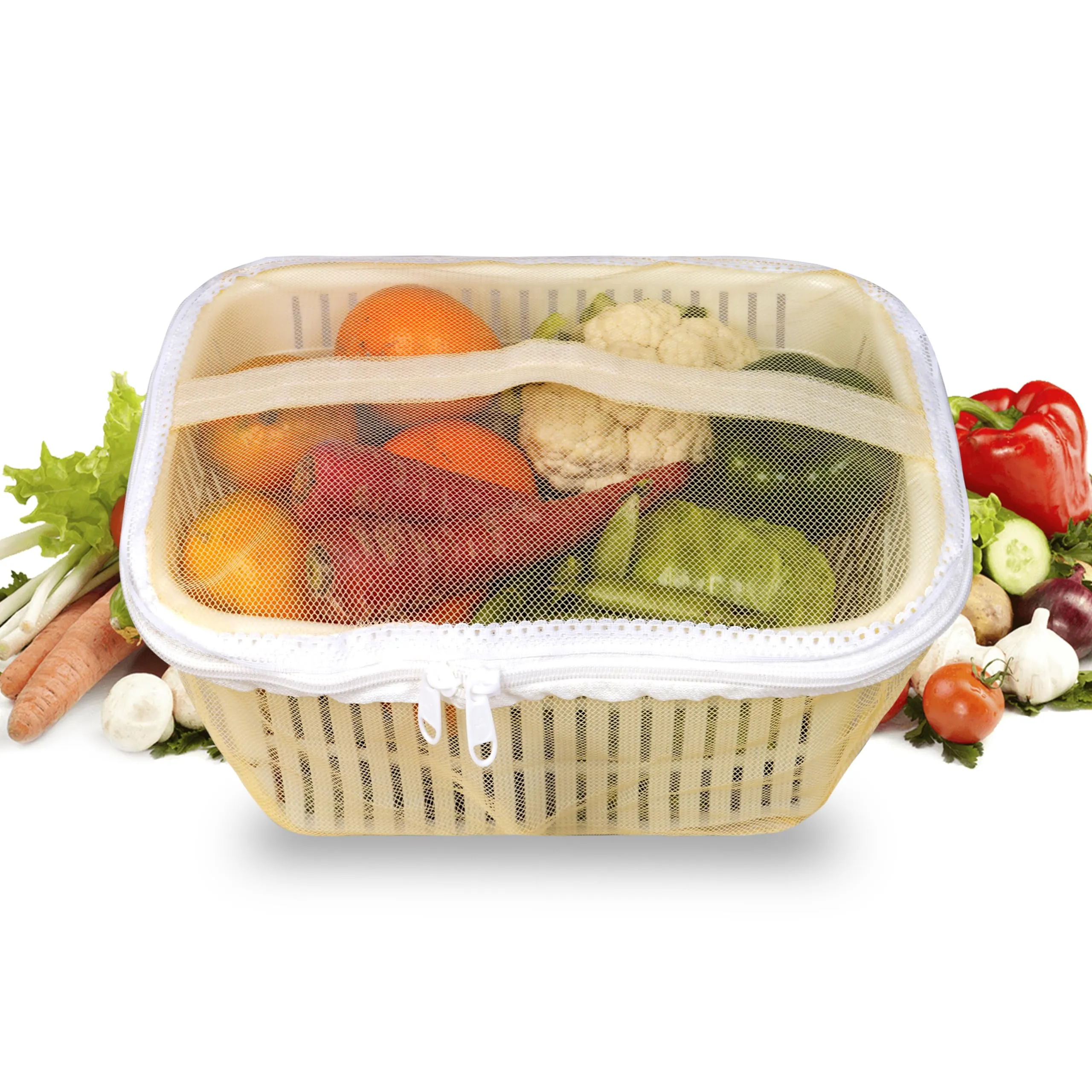 CRELZOS Vegetables Basket with Net Cover - Stylish Fruit Basket for Kitchen, Space-Saving Vegetable Storage Rack - Keep Your Kitchen Organized and Fresh with Practical and Elegant Solution (White)