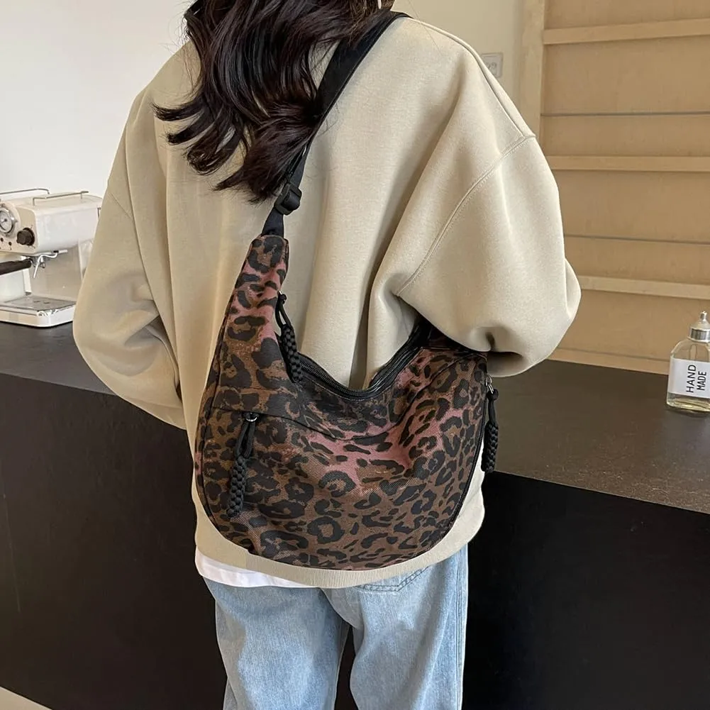 Crescent Crossbody for Women, Fashion Leopard Shoulder Nylon Luna Dumpling Moon Hobo Bag