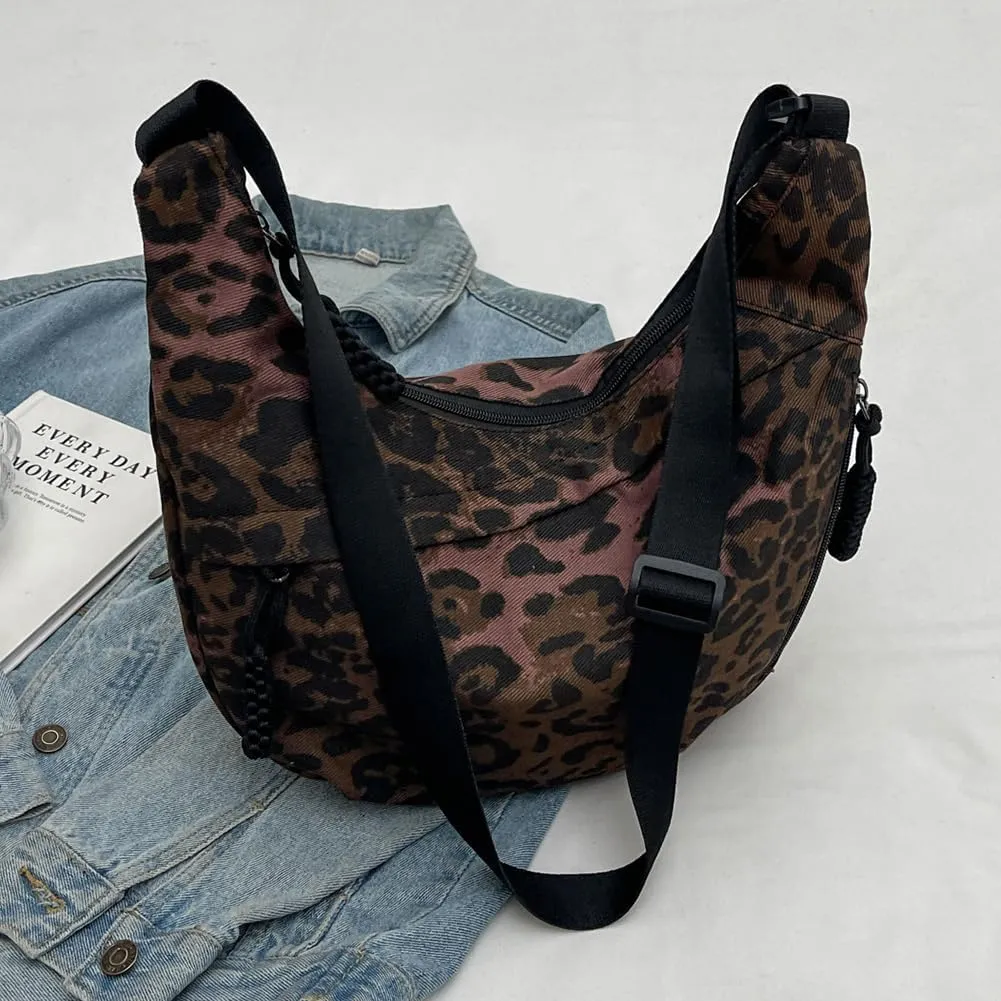 Crescent Crossbody for Women, Fashion Leopard Shoulder Nylon Luna Dumpling Moon Hobo Bag