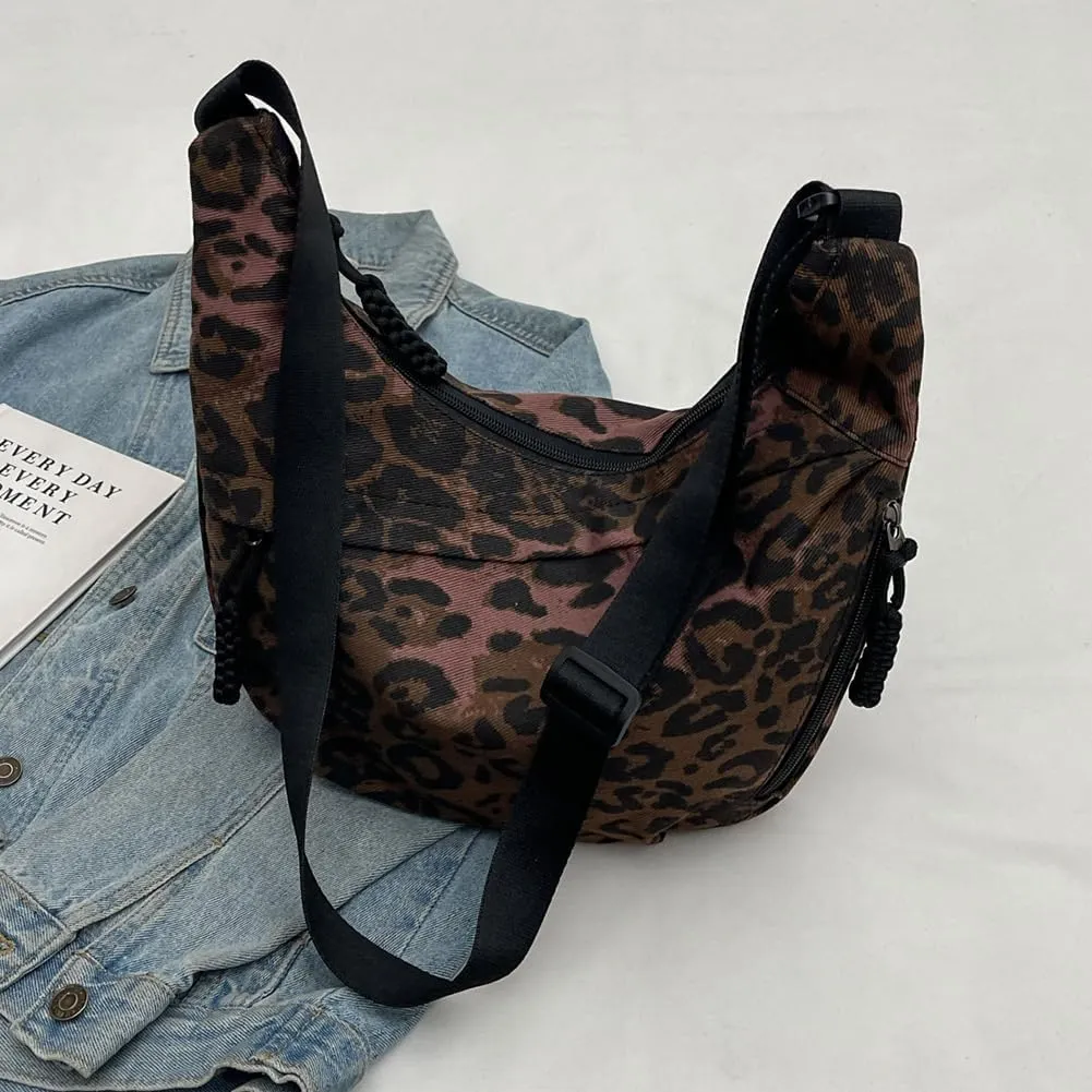 Crescent Crossbody for Women, Fashion Leopard Shoulder Nylon Luna Dumpling Moon Hobo Bag