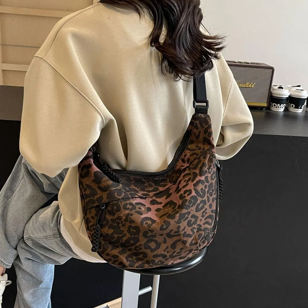 Crescent Crossbody for Women, Fashion Leopard Shoulder Nylon Luna Dumpling Moon Hobo Bag