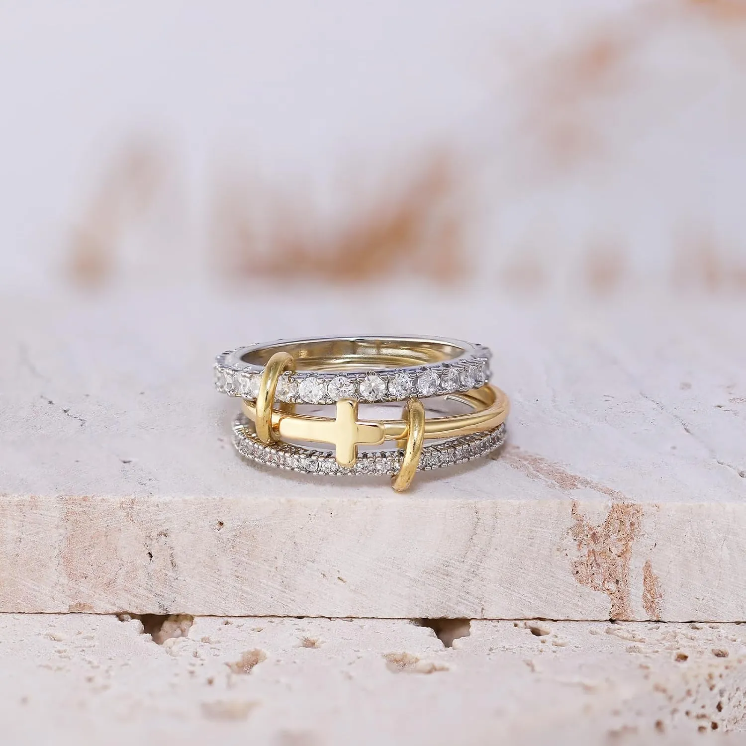 Cross Stackable Rings for Women, 18K Gold Plated Cubic Zirconia Ring, Silver Gold Mixed Metals Stack Ring Set