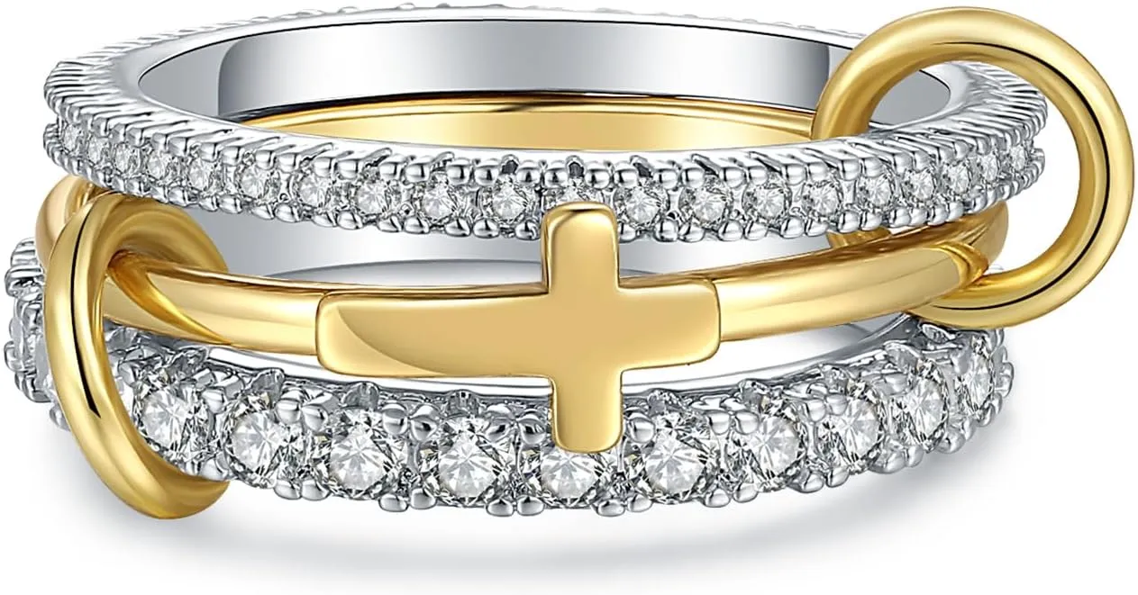 Cross Stackable Rings for Women, 18K Gold Plated Cubic Zirconia Ring, Silver Gold Mixed Metals Stack Ring Set