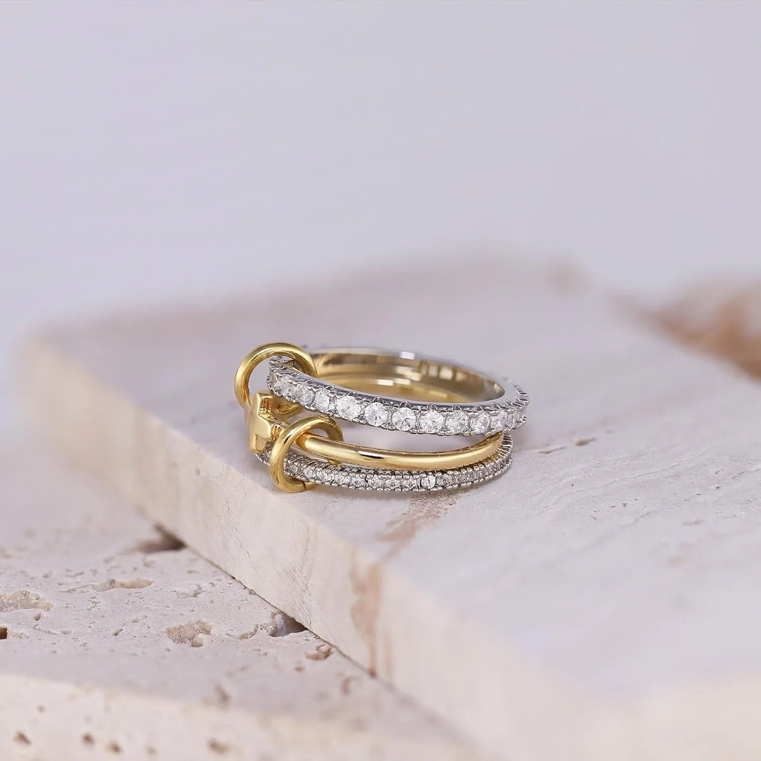 Cross Stackable Rings for Women, 18K Gold Plated Cubic Zirconia Ring, Silver Gold Mixed Metals Stack Ring Set