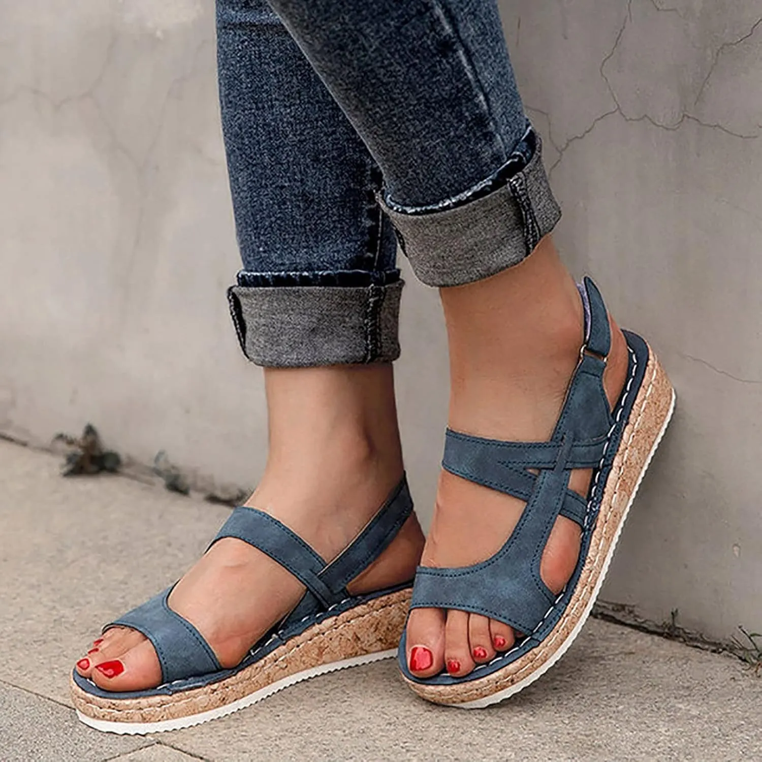 CsgrFagr Women's Summer Non Slip Hook Loop Fish Mouth Wedges Beach Open Toe Breathable Sandals Shoes Hiking Sandals Women Water (Blue, 7.5)