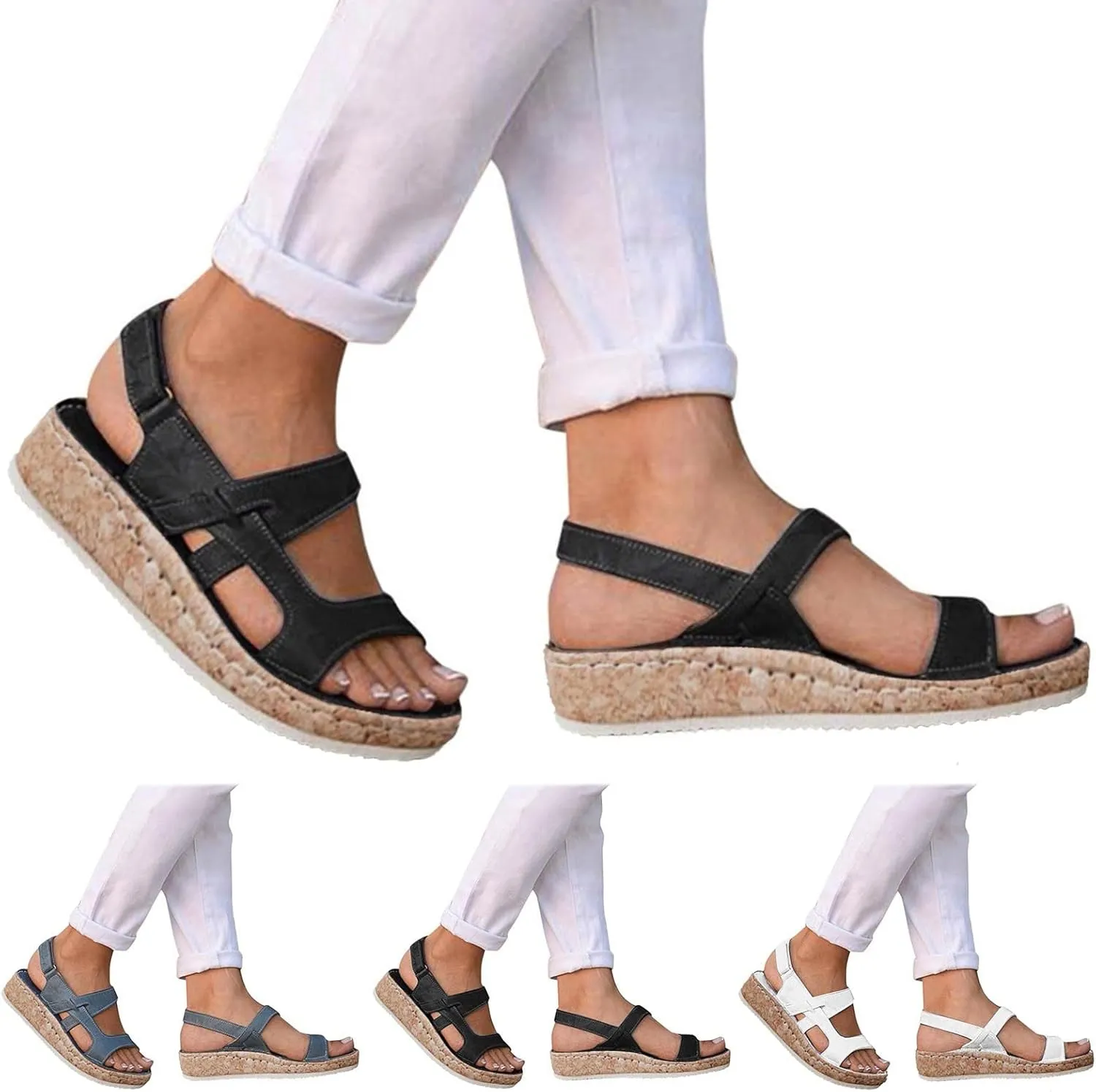 CsgrFagr Women's Summer Non Slip Hook Loop Fish Mouth Wedges Beach Open Toe Breathable Sandals Shoes Hiking Sandals Women Water (Blue, 7.5)