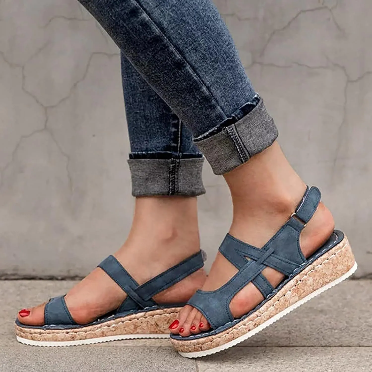 CsgrFagr Women's Summer Non Slip Hook Loop Fish Mouth Wedges Beach Open Toe Breathable Sandals Shoes Hiking Sandals Women Water (Blue, 7.5)