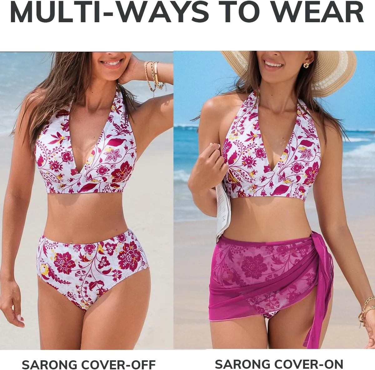 CUPSHE Women's Bikini Sets Three Pieces Halter V Neck Self Tied Back Bathing Suit Ruched High Rise Bottom Sarong Cover