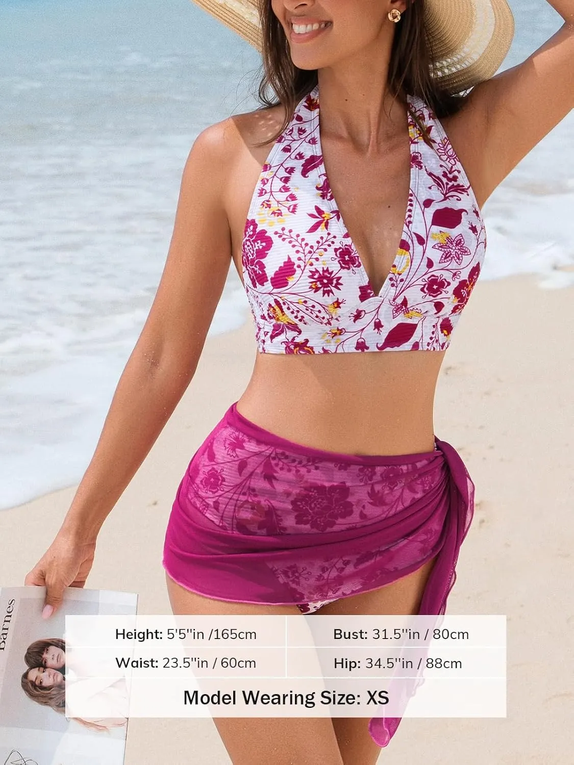 CUPSHE Women's Bikini Sets Three Pieces Halter V Neck Self Tied Back Bathing Suit Ruched High Rise Bottom Sarong Cover