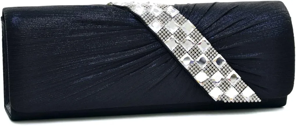 Dasein Womens Rhinestone Evening Bag Prom Wedding Party Clutch Purse (Pleated-Black)