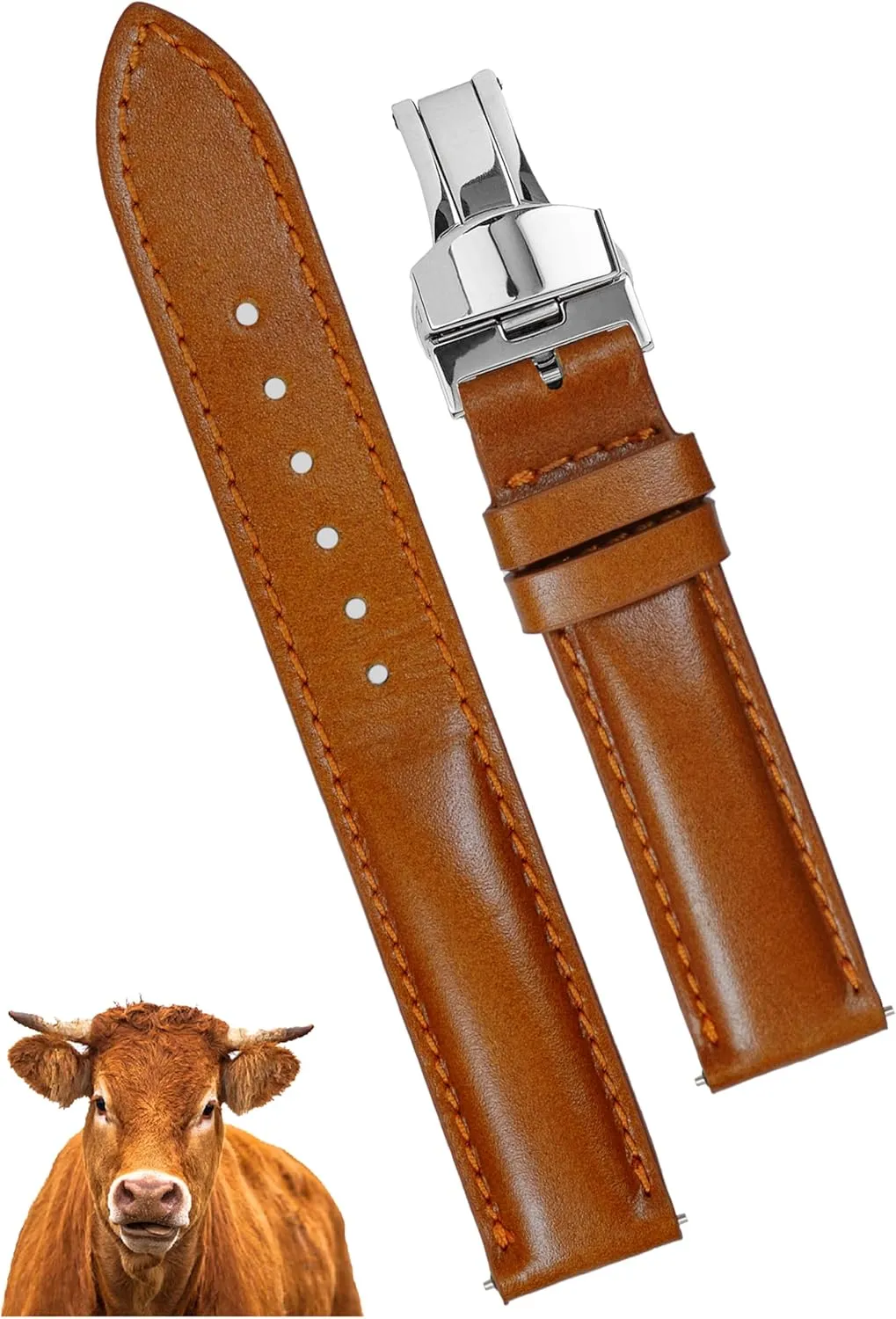 Deployment Clasp Vintage Leather Watch Band Quick Release Leather Strap For Men Women Handmade Extra Soft Watch Wrist Band Elegant Replacement Stainless Steel Strap Butterfly Buckle