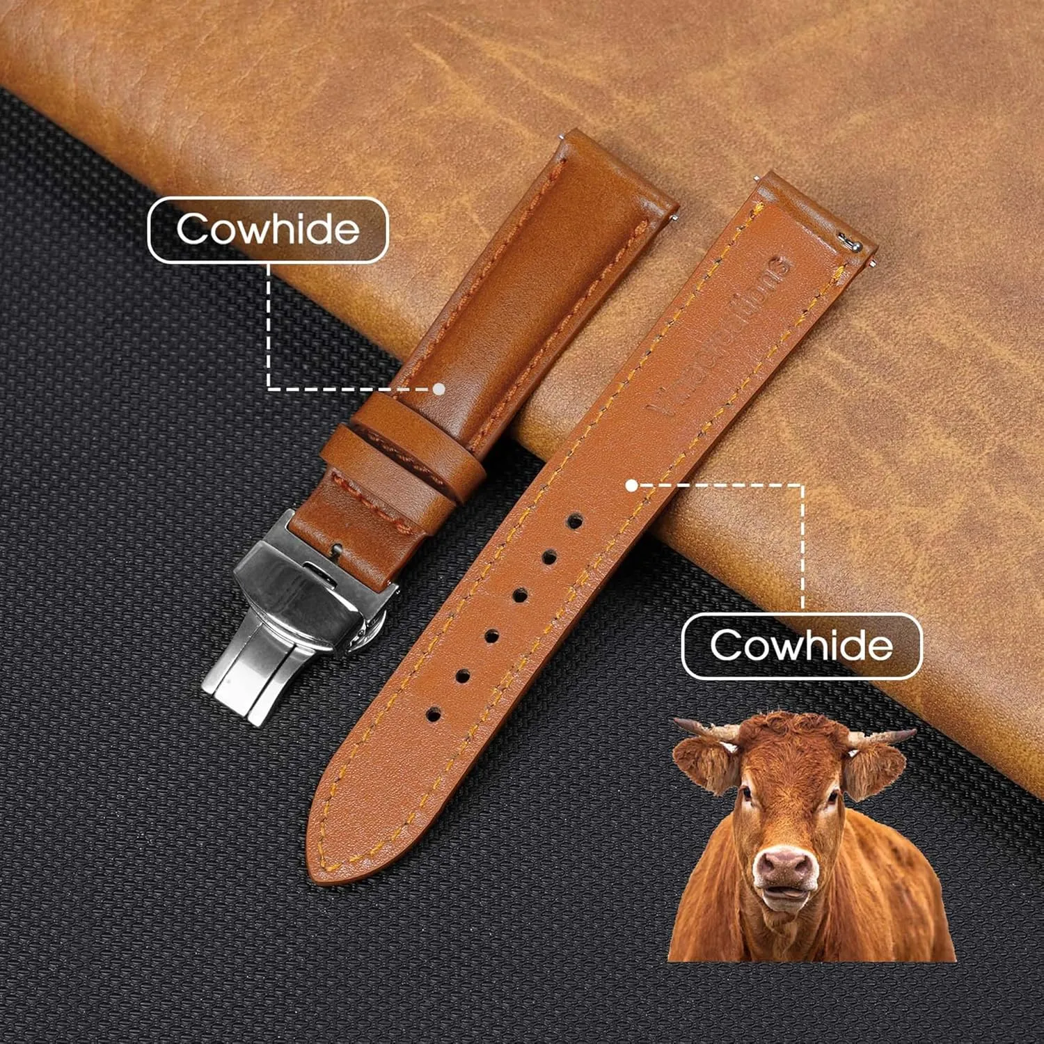 Deployment Clasp Vintage Leather Watch Band Quick Release Leather Strap For Men Women Handmade Extra Soft Watch Wrist Band Elegant Replacement Stainless Steel Strap Butterfly Buckle