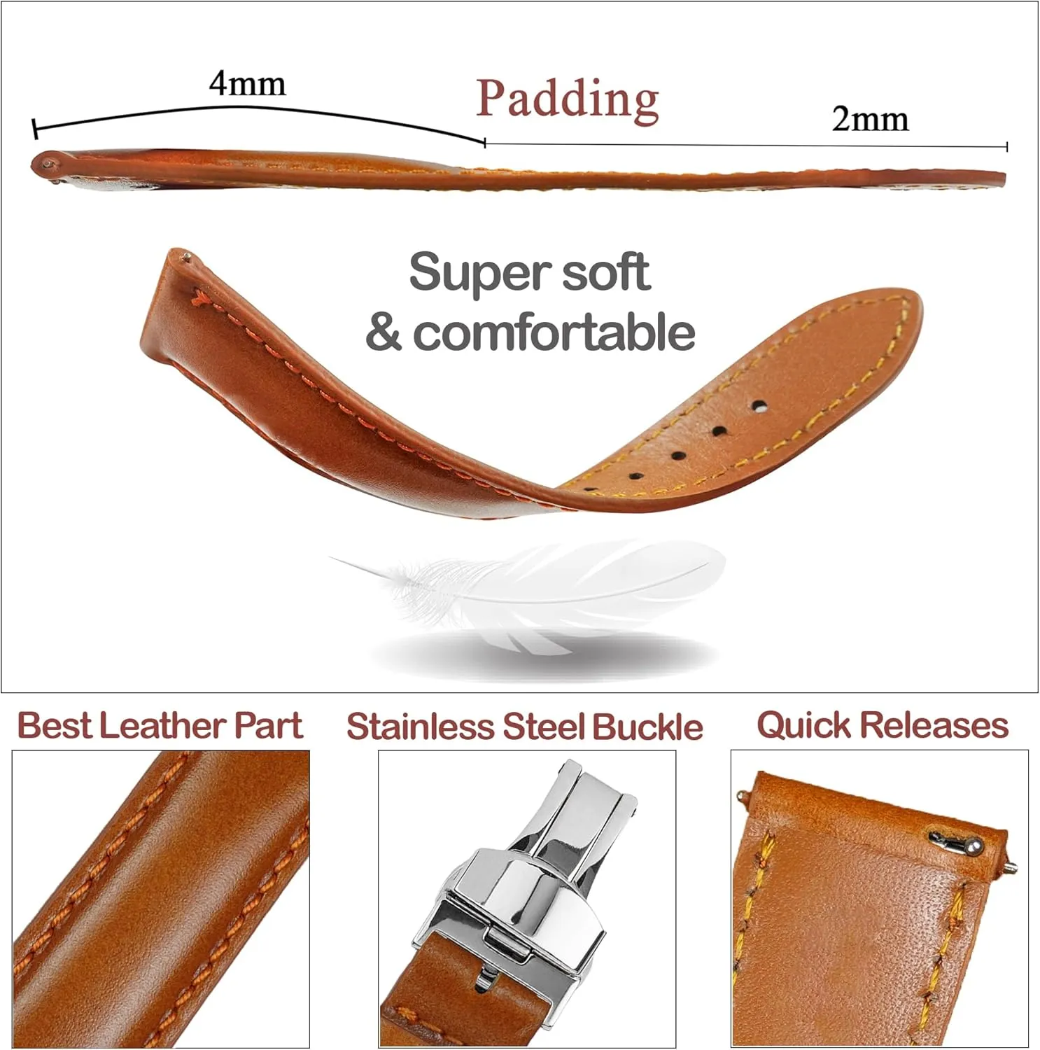 Deployment Clasp Vintage Leather Watch Band Quick Release Leather Strap For Men Women Handmade Extra Soft Watch Wrist Band Elegant Replacement Stainless Steel Strap Butterfly Buckle