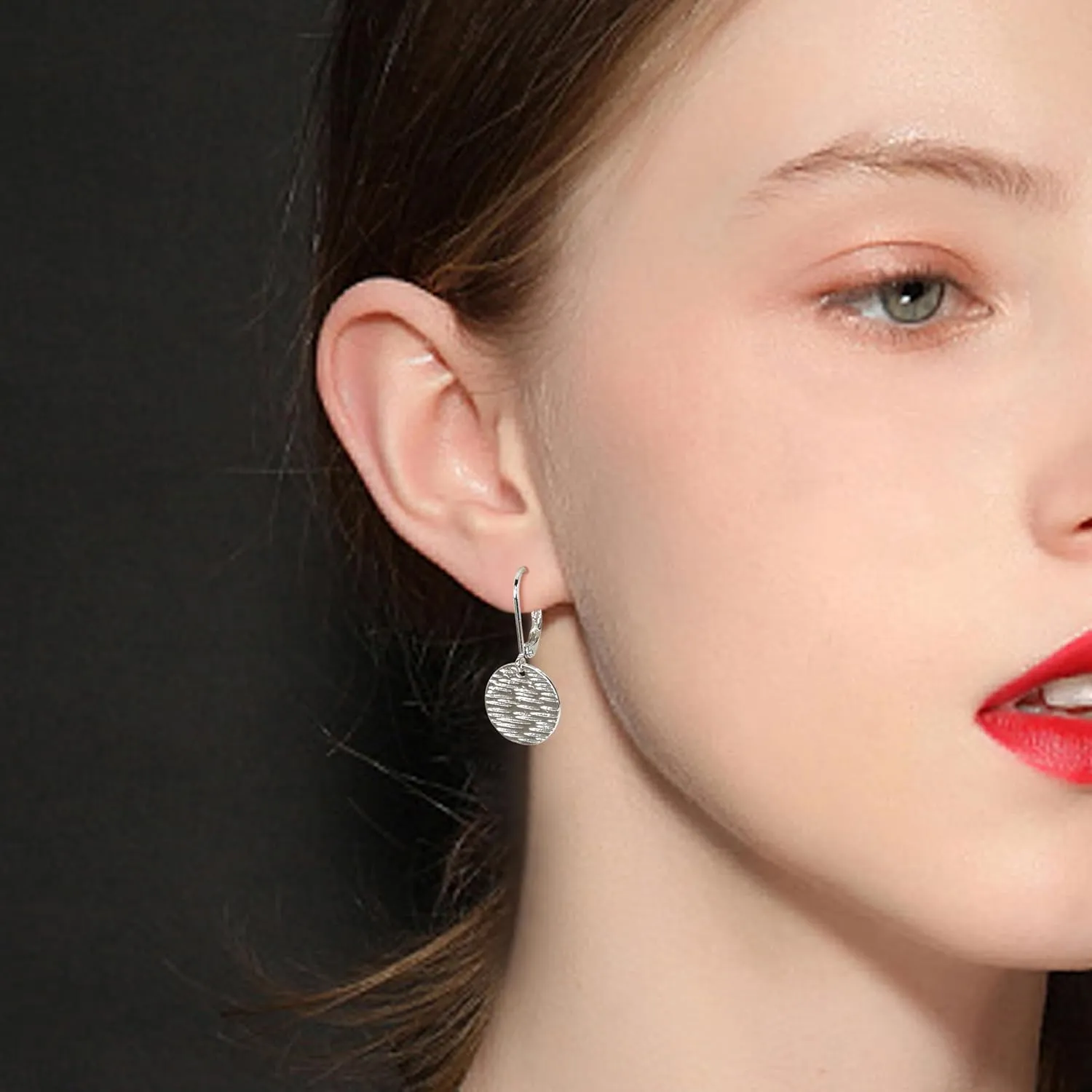 Disc Leverback Earrings Round Hammered Texture Disc Pendant Dangle Drop Earring Minimalist Jewelry for Women