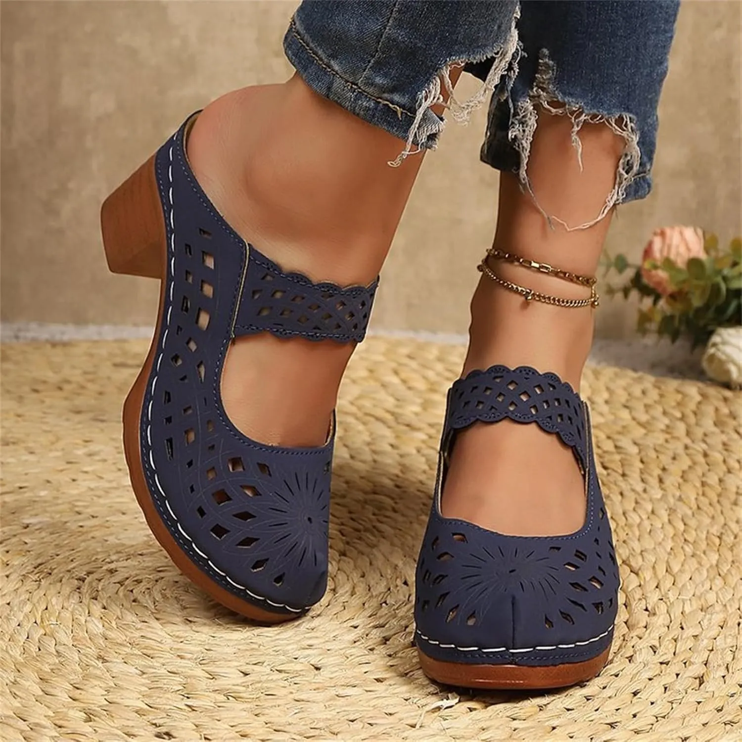 Dress Sandals for Women Dressy High Heel Flower Sandals with Arch Support Beach Cute Hollow Out Slip on Slippers 2025