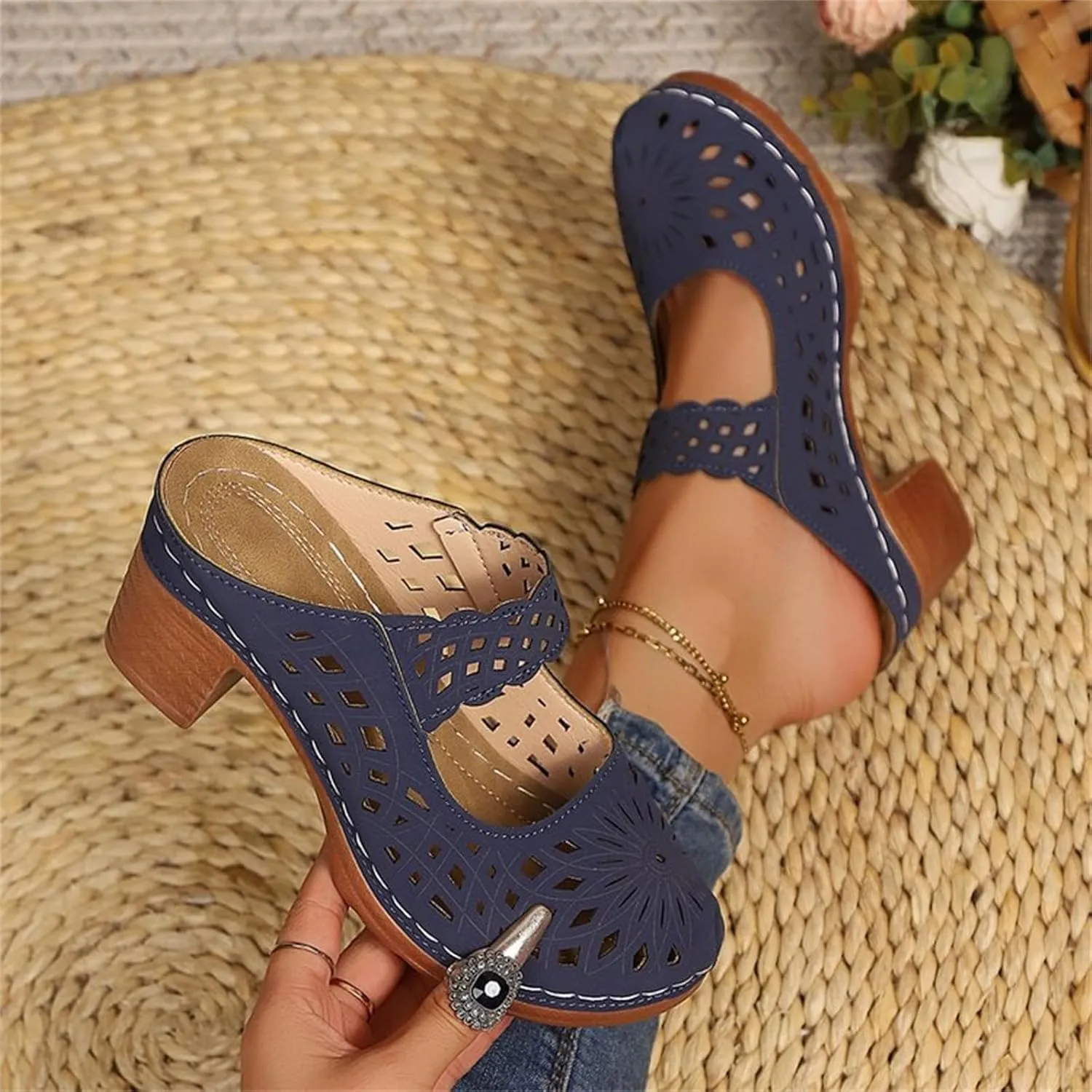 Dress Sandals for Women Dressy High Heel Flower Sandals with Arch Support Beach Cute Hollow Out Slip on Slippers 2025