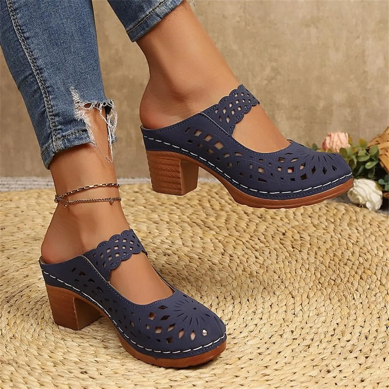 Dress Sandals for Women Dressy High Heel Flower Sandals with Arch Support Beach Cute Hollow Out Slip on Slippers 2025