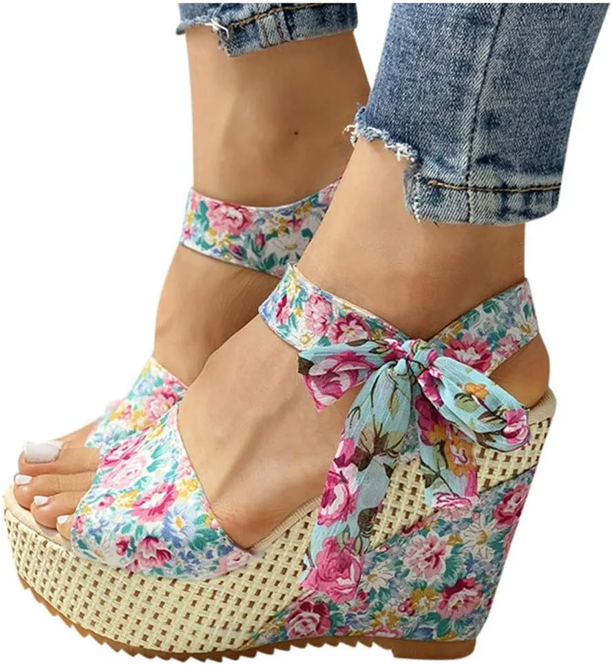 Eduavar Womens Wedge Sandals, Orthopedic Sandals for Women Platform Sandals Bow Tie Lace Up Wedge Sandals Shoes