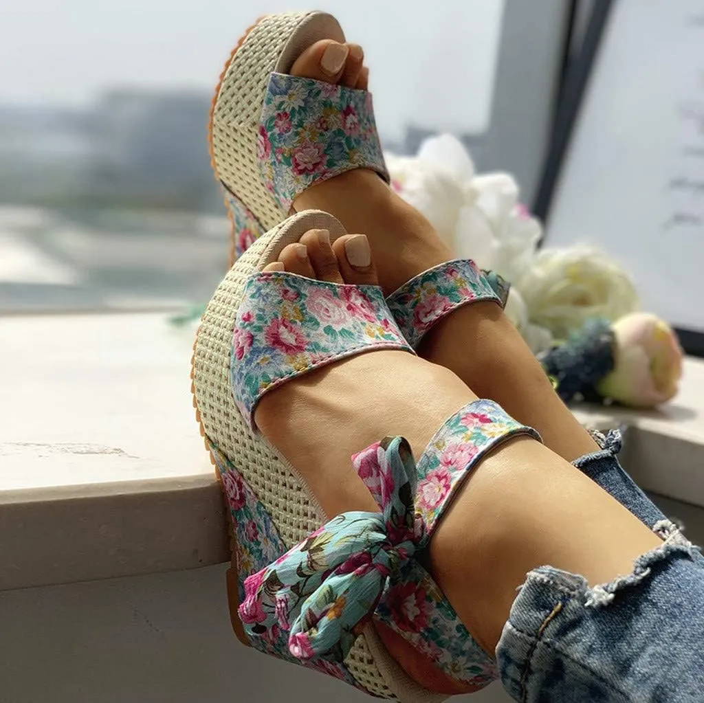 Eduavar Womens Wedge Sandals, Orthopedic Sandals for Women Platform Sandals Bow Tie Lace Up Wedge Sandals Shoes