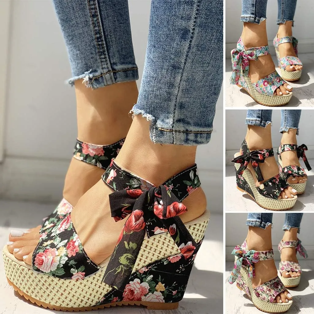 Eduavar Womens Wedge Sandals, Orthopedic Sandals for Women Platform Sandals Bow Tie Lace Up Wedge Sandals Shoes