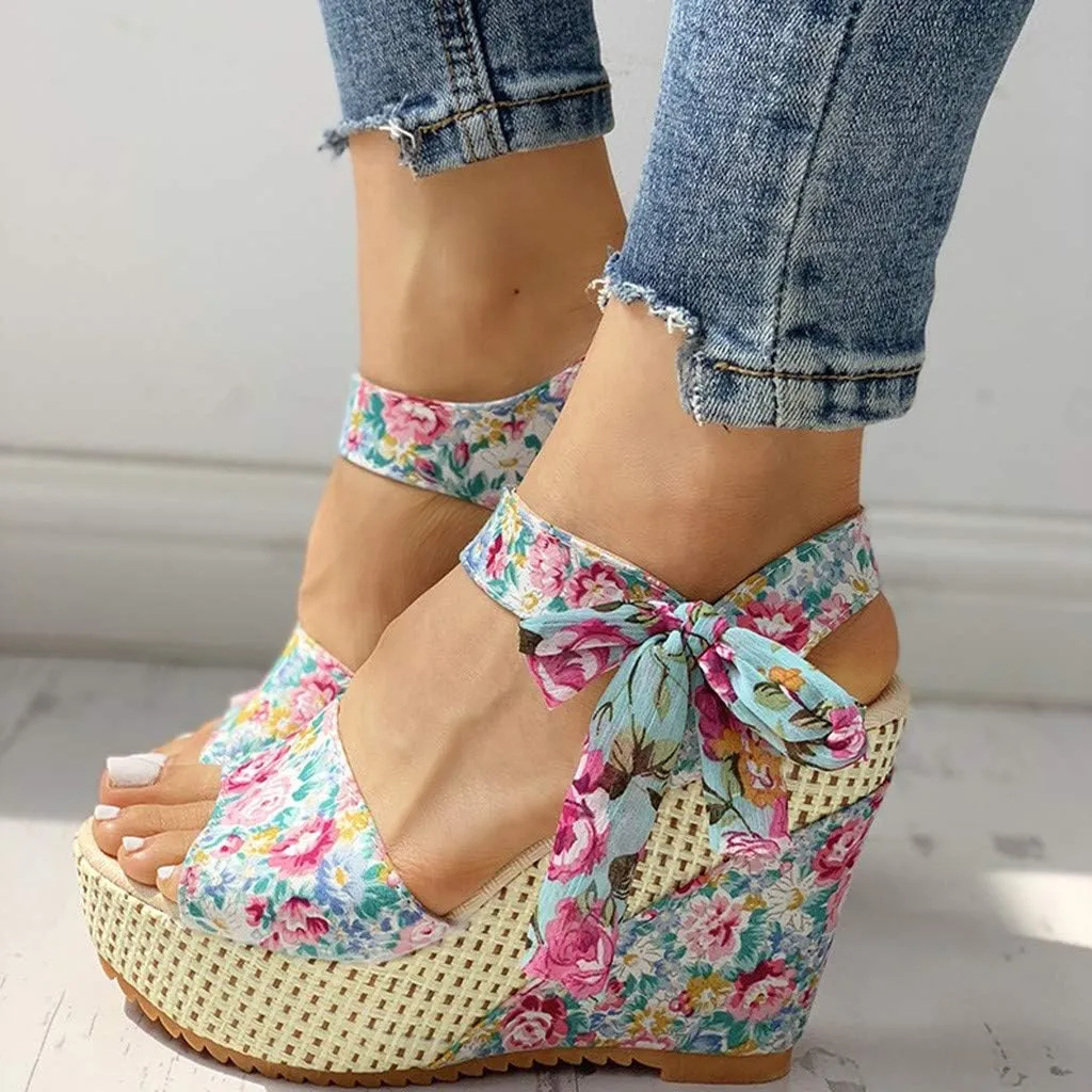 Eduavar Womens Wedge Sandals, Orthopedic Sandals for Women Platform Sandals Bow Tie Lace Up Wedge Sandals Shoes