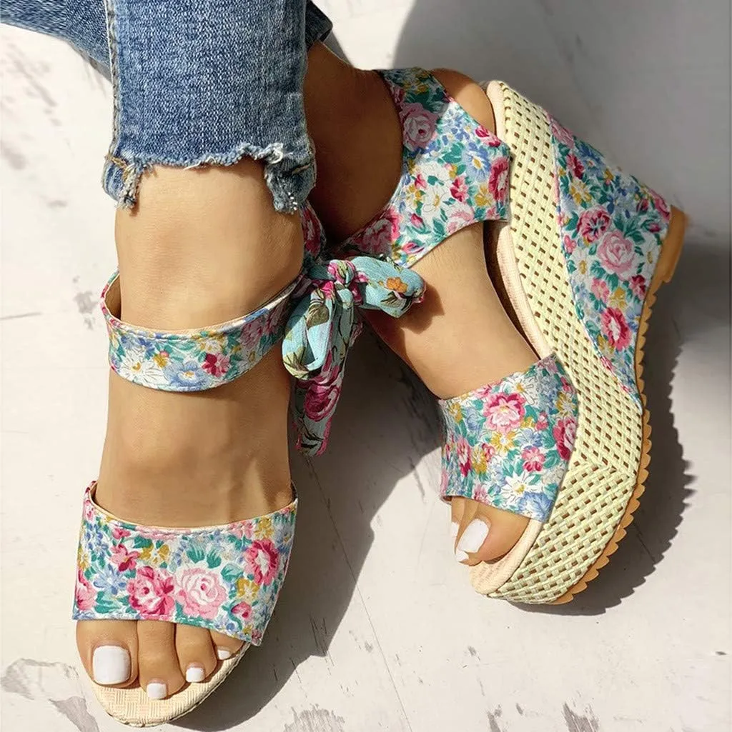 Eduavar Womens Wedge Sandals, Orthopedic Sandals for Women Platform Sandals Bow Tie Lace Up Wedge Sandals Shoes