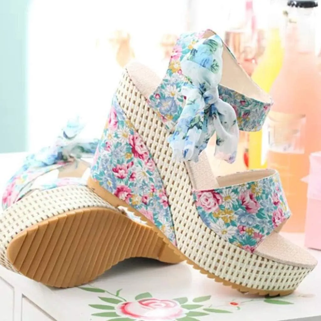 Eduavar Womens Wedge Sandals, Orthopedic Sandals for Women Platform Sandals Bow Tie Lace Up Wedge Sandals Shoes