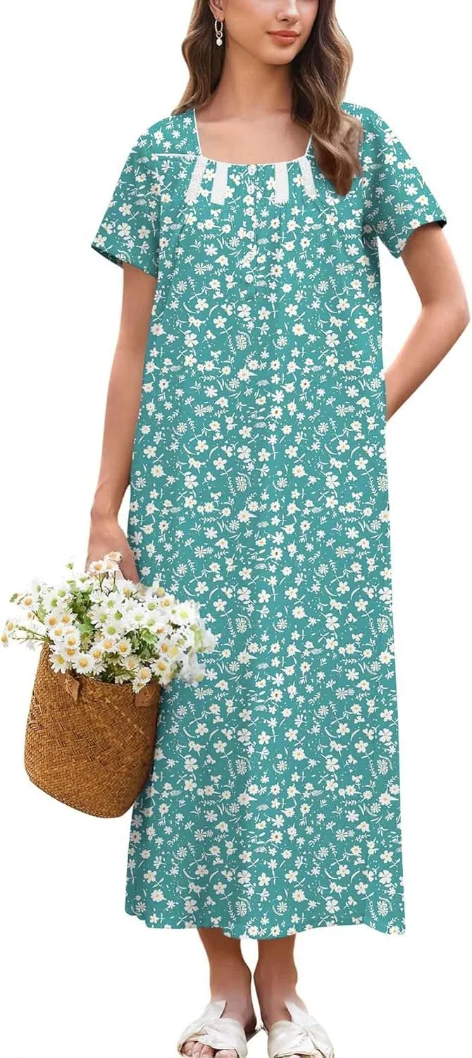 Ekouaer Cotton Nightgowns for Women Short Sleeve Sleepshirt Ladies Victorain Sleepwear Gown Soft Loungewear with Pockets