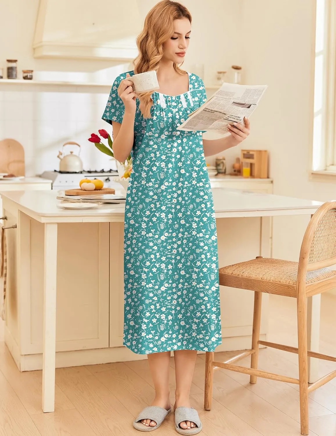 Ekouaer Cotton Nightgowns for Women Short Sleeve Sleepshirt Ladies Victorain Sleepwear Gown Soft Loungewear with Pockets
