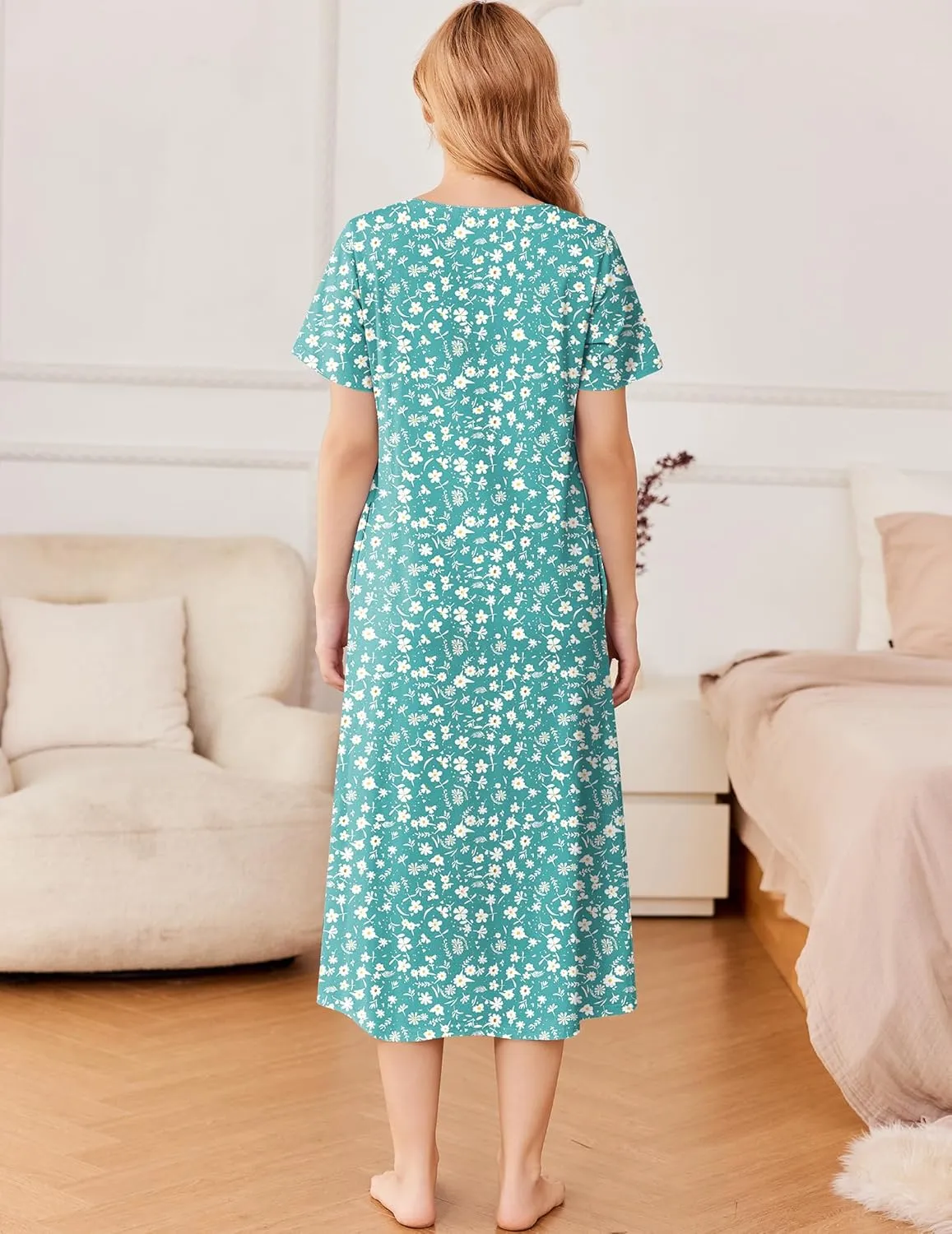Ekouaer Cotton Nightgowns for Women Short Sleeve Sleepshirt Ladies Victorain Sleepwear Gown Soft Loungewear with Pockets