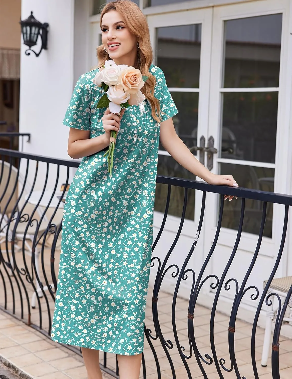 Ekouaer Cotton Nightgowns for Women Short Sleeve Sleepshirt Ladies Victorain Sleepwear Gown Soft Loungewear with Pockets