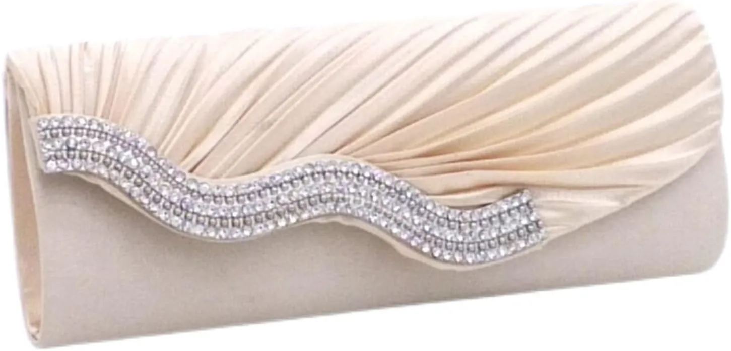 Evening Bag for Women Pleated Flap with Rhinestones Clutch Purse Handbag with Detachable Chain
