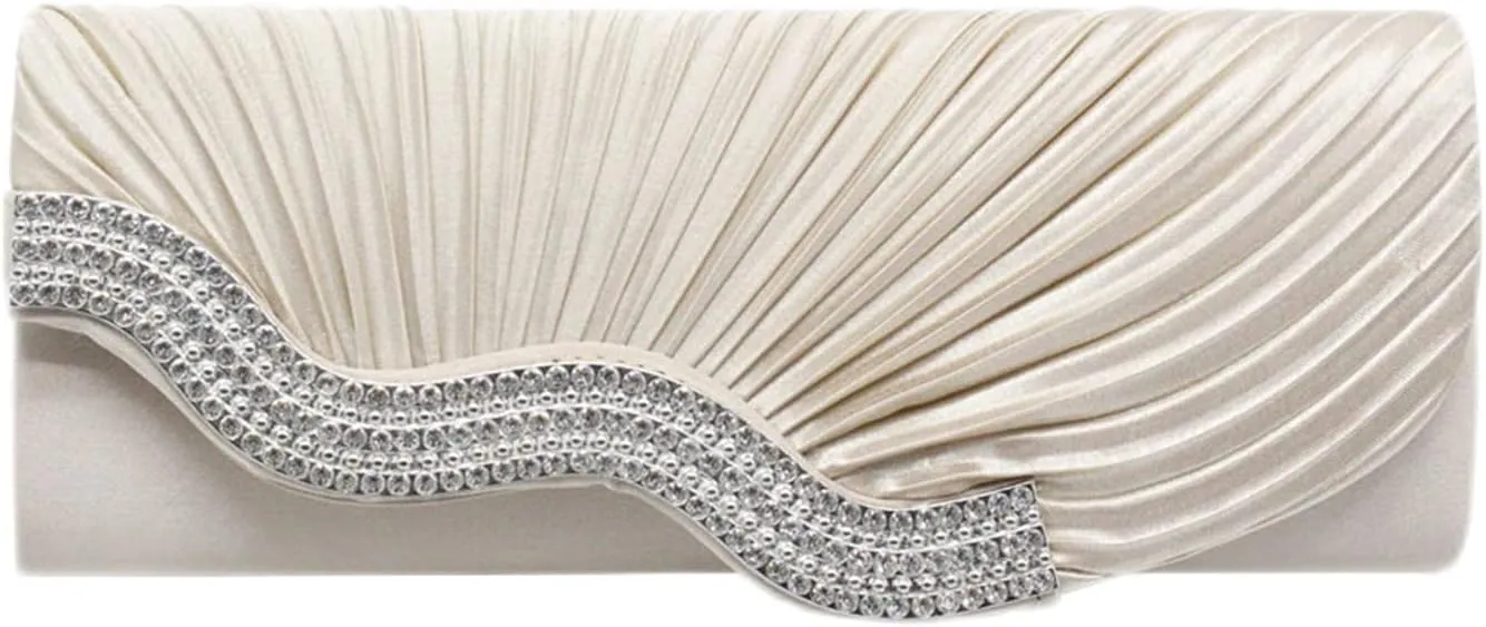 Evening Bag for Women Pleated Flap with Rhinestones Clutch Purse Handbag with Detachable Chain