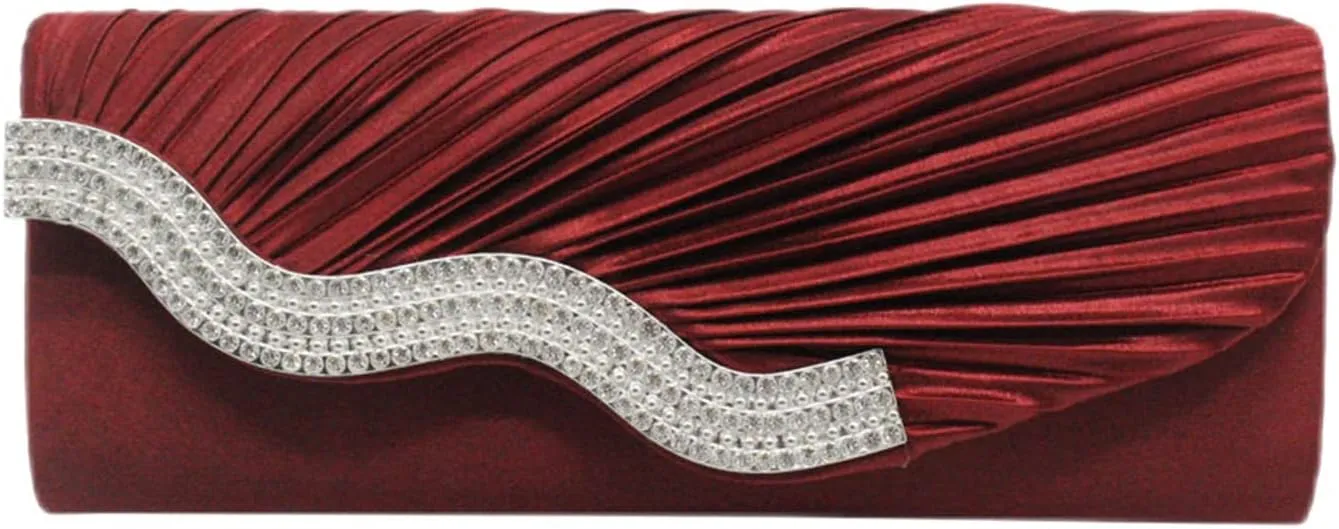 Evening Bag for Women Pleated Flap with Rhinestones Clutch Purse Handbag with Detachable Chain