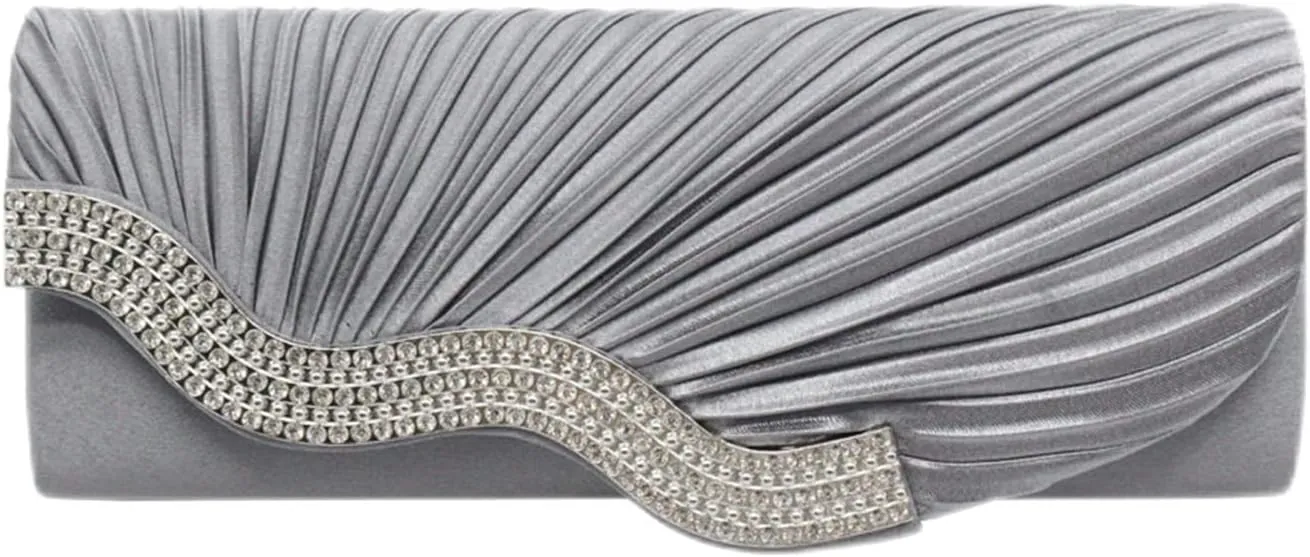 Evening Bag for Women Pleated Flap with Rhinestones Clutch Purse Handbag with Detachable Chain