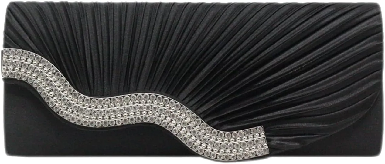 Evening Bag for Women Pleated Flap with Rhinestones Clutch Purse Handbag with Detachable Chain