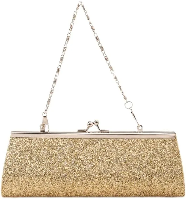 Evening Clutch Purse, Gold Glitter, Chain Strap, 7.9 x 2 x 3.3 inches