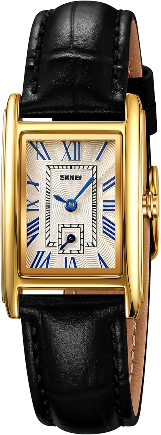 FANMIS Vintage Women's Rectangle Wrist Watch Classic Ladies Analog Quartz Watch Ultra-Thin Ladies Bangle Bracelet Watch Female Business Dress Watch with Leather Strap