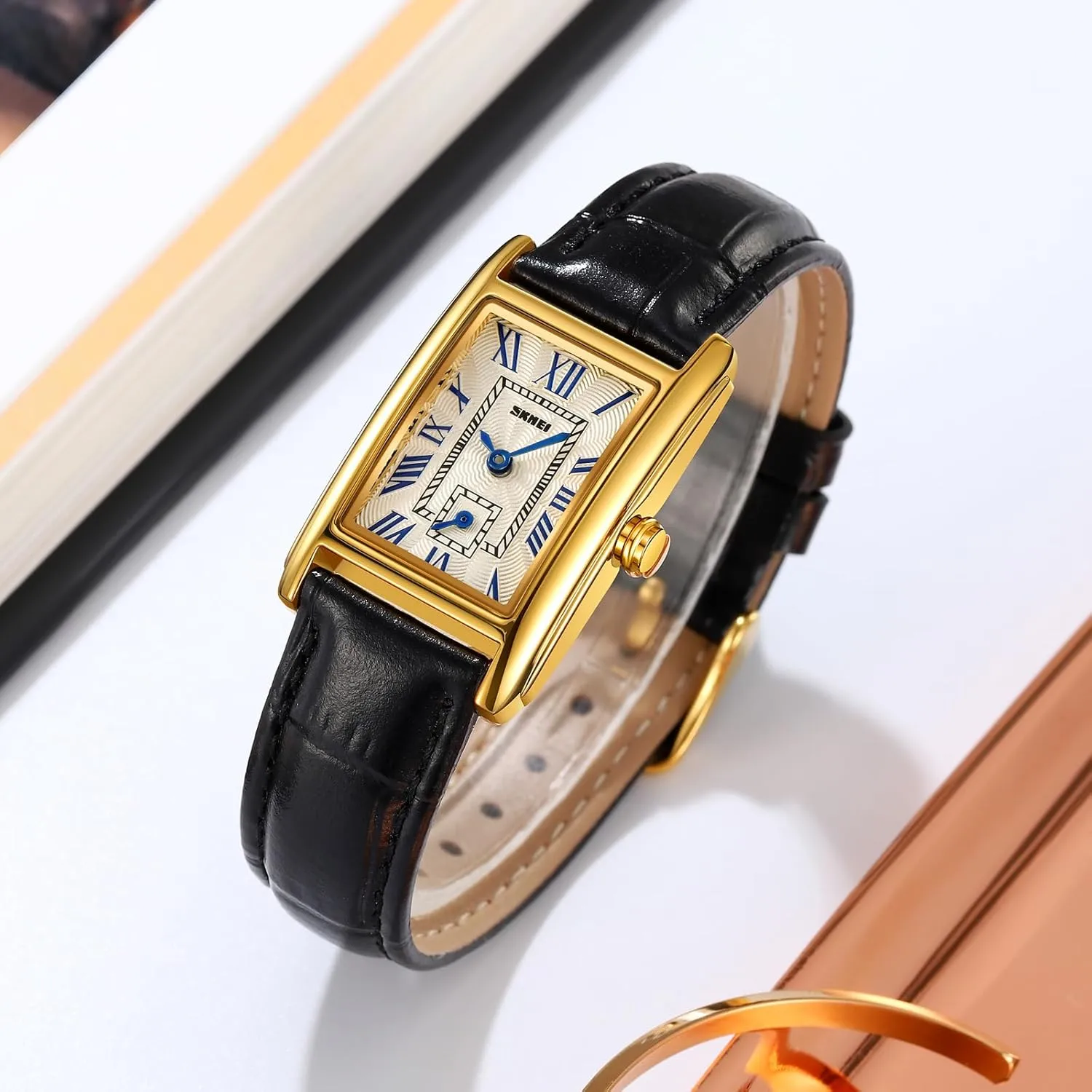 FANMIS Vintage Women's Rectangle Wrist Watch Classic Ladies Analog Quartz Watch Ultra-Thin Ladies Bangle Bracelet Watch Female Business Dress Watch with Leather Strap