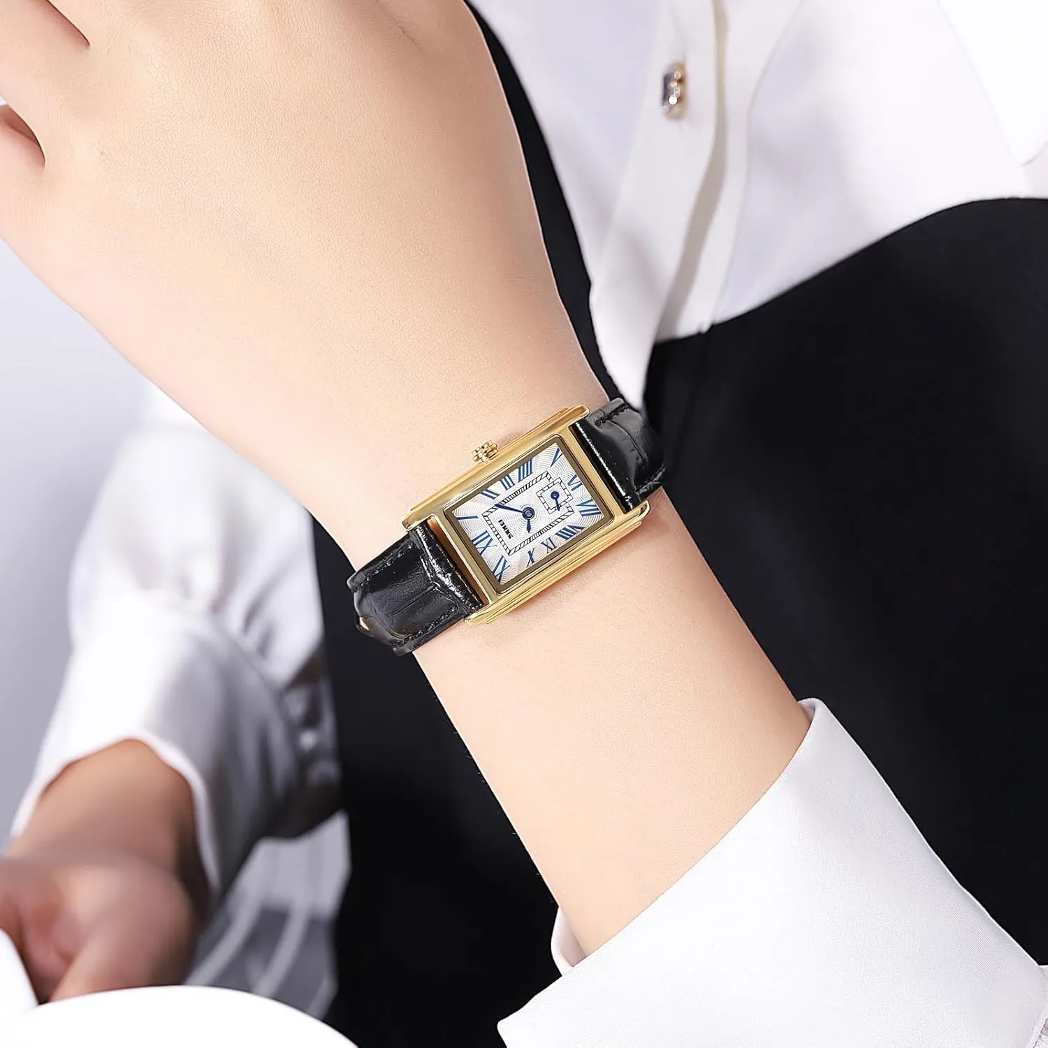 FANMIS Vintage Women's Rectangle Wrist Watch Classic Ladies Analog Quartz Watch Ultra-Thin Ladies Bangle Bracelet Watch Female Business Dress Watch with Leather Strap