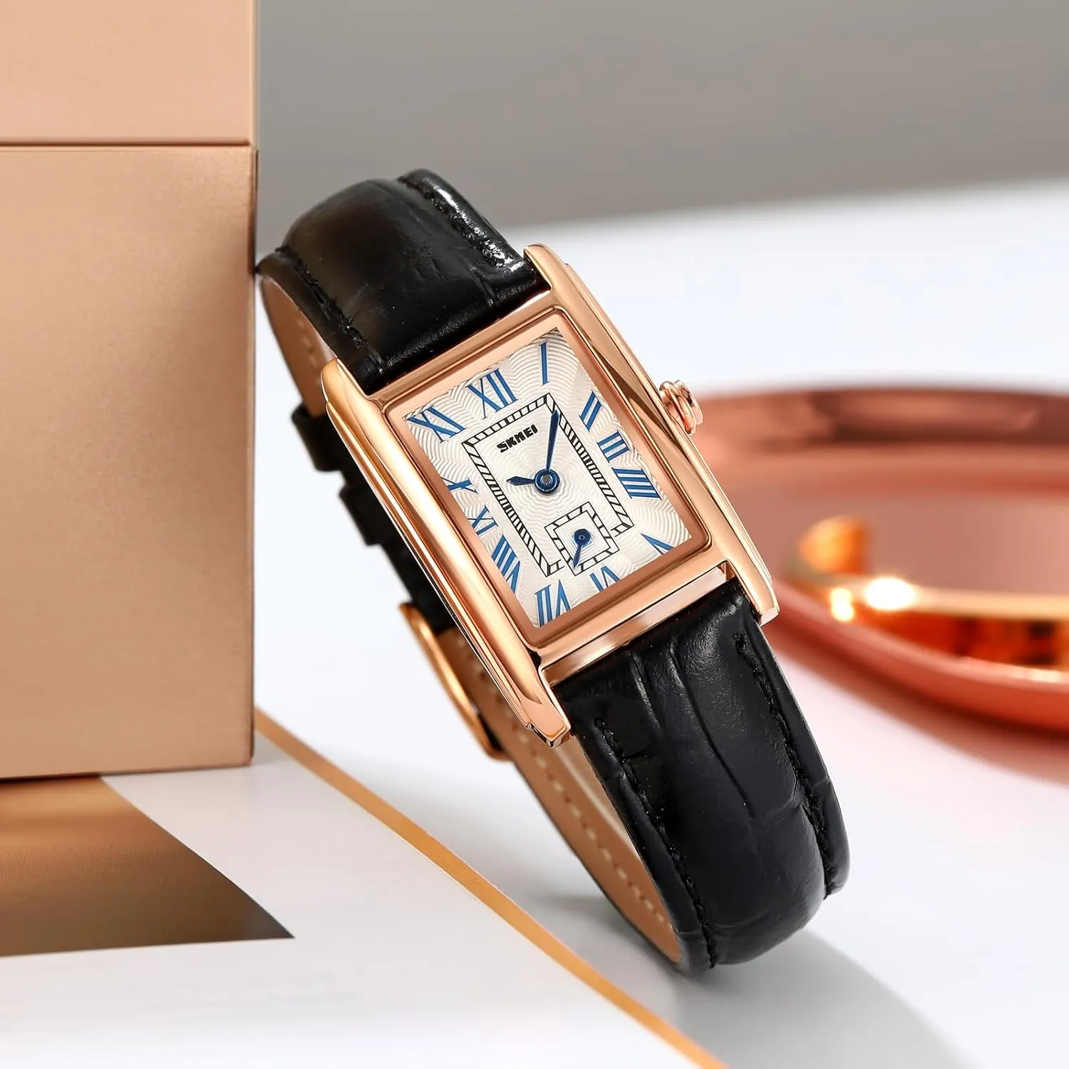 FANMIS Vintage Women's Rectangle Wristwatch Classic Ladies Analog Quartz Watch Ultra-Thin Ladies Bangle Bracelet Watch Female Business Dress Watches with Leather Strap