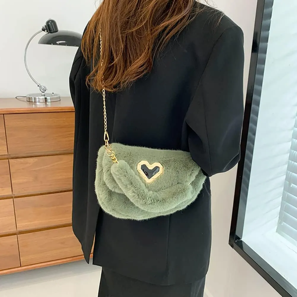 Fashion Plush Crossbody Bag For Women, Saddle Purse Wallet, Faux Fur Soft Handbag for Winter, Lovely Heart Shoulder Chain Bag