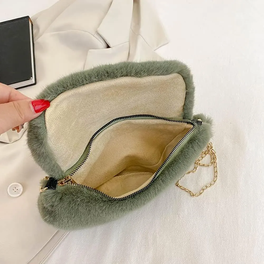 Fashion Plush Crossbody Bag For Women, Saddle Purse Wallet, Faux Fur Soft Handbag for Winter, Lovely Heart Shoulder Chain Bag