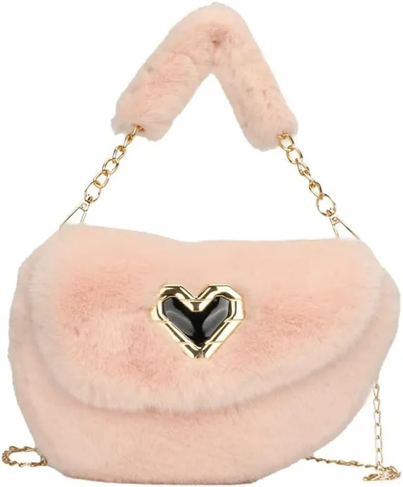 Fashion Plush Crossbody Bag For Women, Saddle Purse Wallet, Faux Fur Soft Handbag for Winter, Lovely Heart Shoulder Chain Bag