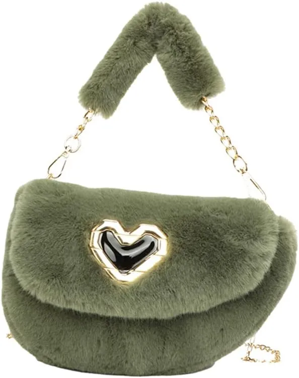 Fashion Plush Crossbody Bag For Women, Saddle Purse Wallet, Faux Fur Soft Handbag for Winter, Lovely Heart Shoulder Chain Bag
